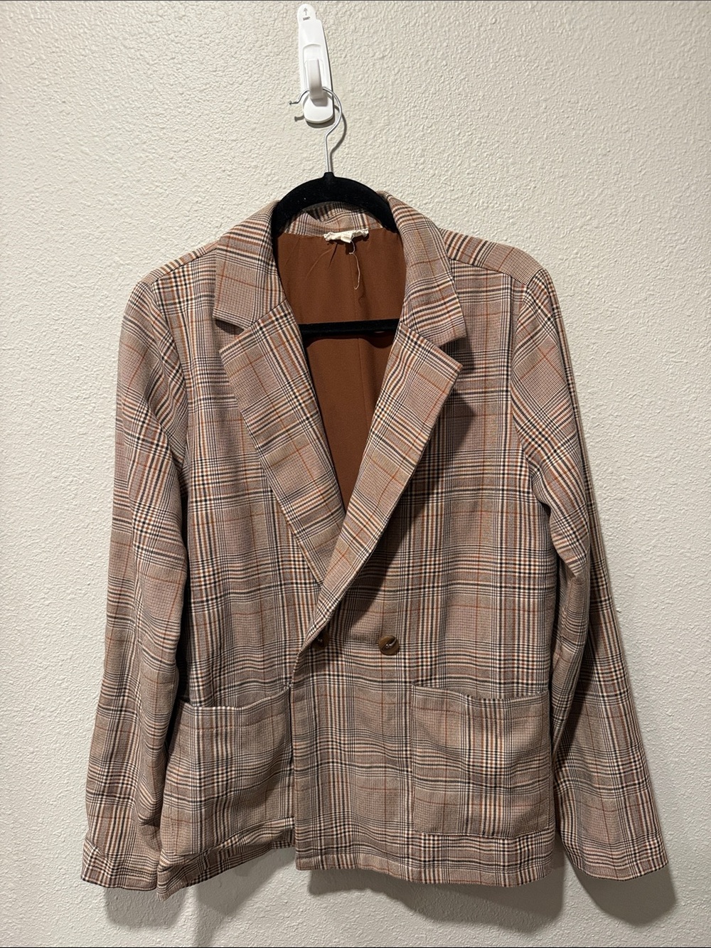 Mystree Plaid Single-Button Blazer in Beige and Brown